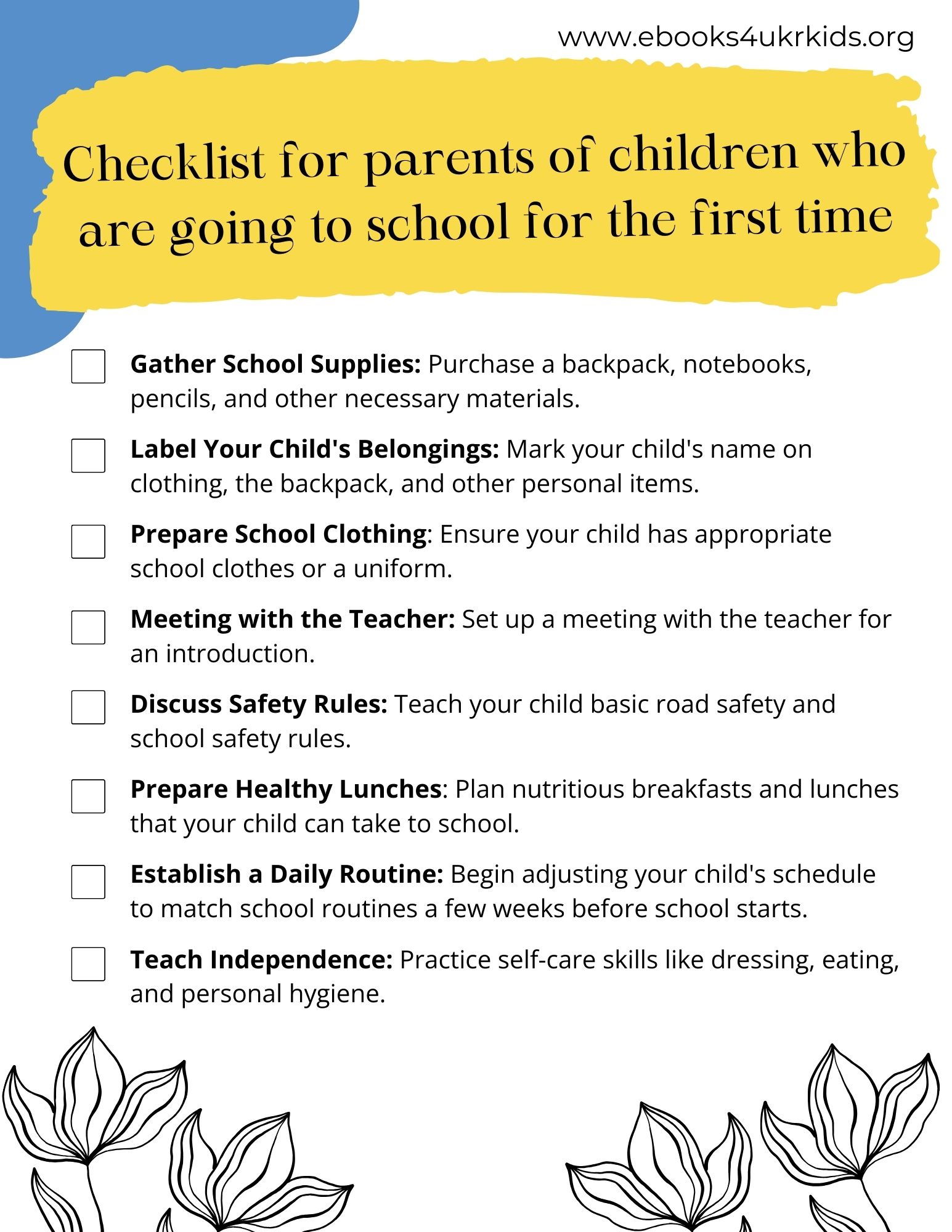 Checklist For Parents Of Children Who Are Going To School For The First Time