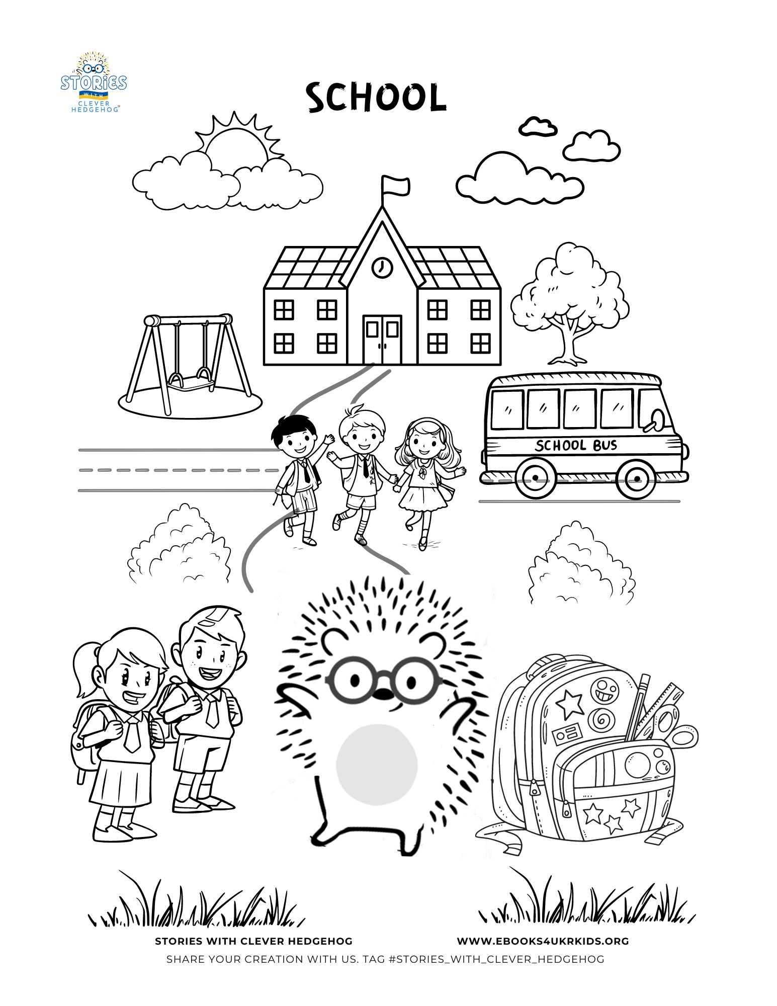 Coloring page for kids, Stories with Clever Hedgehog